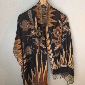 Embroidered Sequin Brown Floral Scarf Wrap Linen